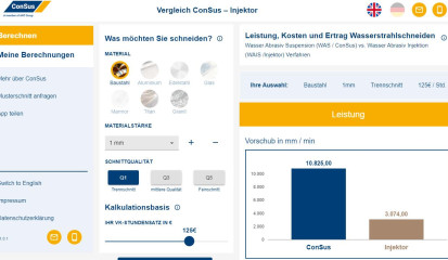 Der ConSus Calc a Cut Waterjet Calculator ermöglicht einen komfortablen Vergleich der Leistung und Kosten der beiden Wasser Abrasiv Schneidverfahren WAS mit ConSus und WAIS.