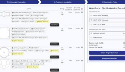 cad2calc Blechteile Online Kalkulator - Warenkorbseite