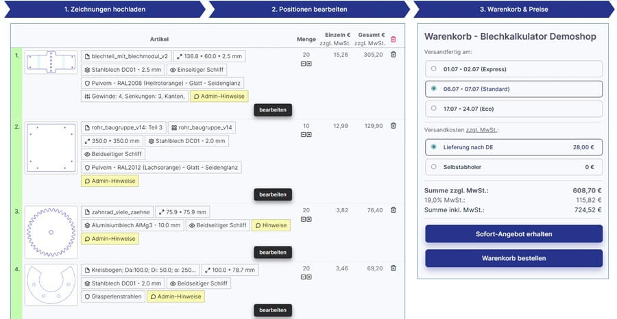 cad2calc Blechteile Online Kalkulator - Warenkorbseite